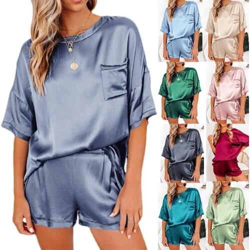 Womens Pajamas Sexy Underwear Imitation Silk Homewear Casual Suit Crew Neck Short Sleeve Shorts Set Home Clothes Summer
