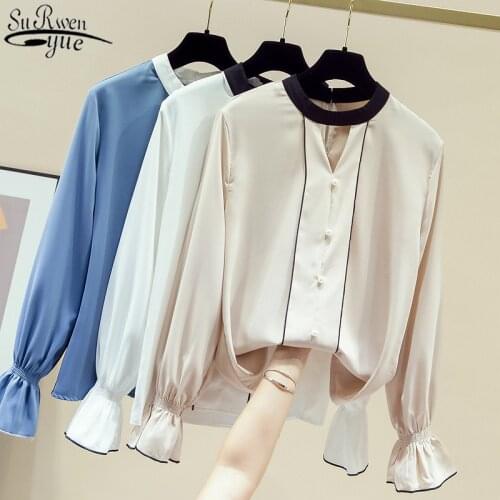 Korean Vintage Shirt Women Autumn Flare Long Sleeve Tops Chiffon Blouse Female Hollow Blouse Solid Beading Office Lady New 11153