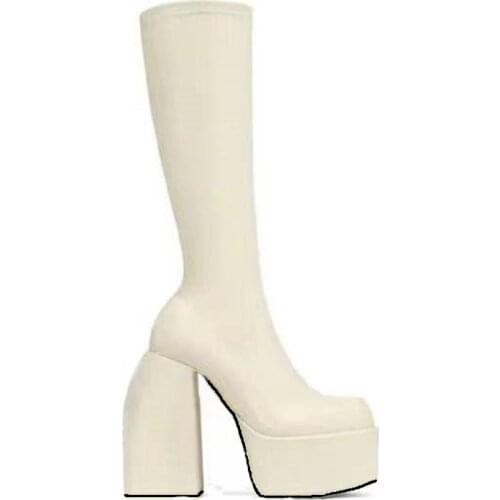 Brand designer autumn winter snow boots elastic microfiber shoes woman ankle boots high heels black thick platform long boots