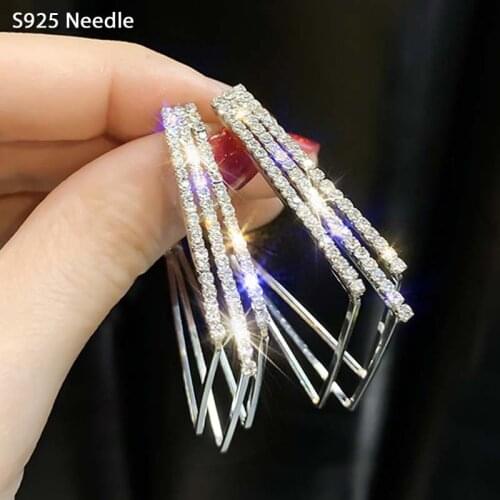 925 Sterling Silver Needle Hoop Earrings for Women Jewelry Rose Gold Statement Rhinestone Rhombus Punk Rock Large Round Earrings