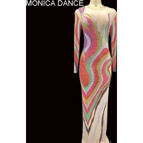 Women Sexy Stage Sparkly Multi-color Rhinestones Dress Wedding Birthday Party Celebrate Transparent Dress Dancer Evening Dress