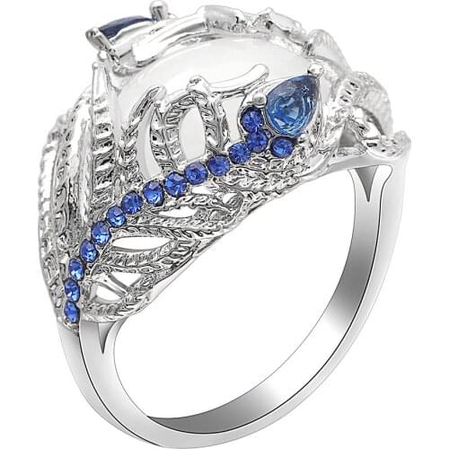 2018 Fashion exaggeration Blue Zircon leaf Rings Jewelry Silver Color white opal Engagement Wedding Rings for Women