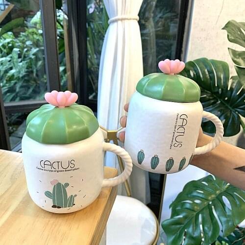 450ml Creative Cactus Shape Ceramic Mug Cup With Lid Simple Cute Water Cup Office Porcelain Mugs Coffee Cups Gift For Girls