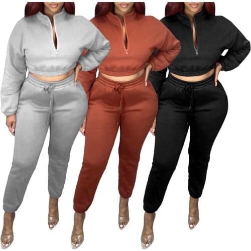 81Y8060 Autumn Winter Women Casual Fashion Solid Navel Sports Two Piece Set Top and Pants Tracksuit Sweatsuit Outfits Hot 2020