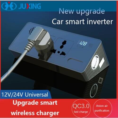 JUXING Car Power Charger 12V/24V to 220V Multi-function Adapter with QI Charging + 2 AC Outlet + QC 3.0+Type C Ports +2.4A USB
