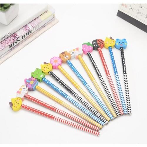 50 Pcs/lot Wood Gift Pencil With Animals Eraser Head Christmas Gift For Kids Cute Fashion Party Favors Pencil School Supplies