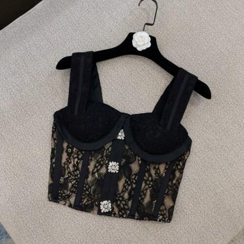 Lace Vest Tank Top for Women New All-Matching Sexy Rhinestone Short Camisole Tops Female Ladies Clothing
