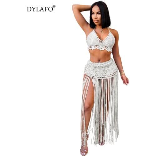 Summer Women Sets Dresses Knitted Beach Sexy See through Bra And Tassel Skirts Suits Sexy Two Piece Set bohoTracksuits Outfits