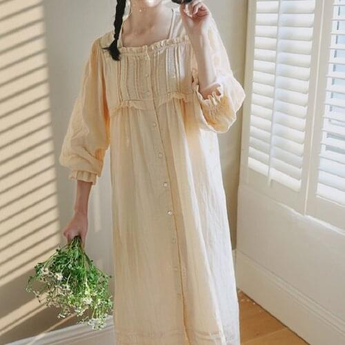 Sweet Delicate Pure Cotton Womens Long Nightgowns Soft Lovely Sleepwear Elegant Female Loose Night Dress Spring Autumn