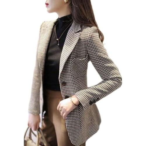 2021The New Houndstooth Woolen Small Blazer Jacket Women Plaid Mid-Length Slim-Fit Coat Temperament Suit Jacket Female Lady L250