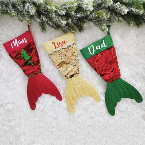 Personalized Christmas Hanging Stocking Sequins Mermaid Tail Christmas Bag Ornament Party Tree Hanging Decoration Xmas Stockings