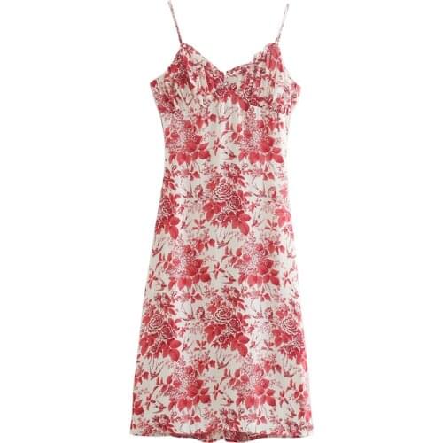 XNWMNZ 2021 Chic Red Floral Print Adjust Spaghetti Strap Dress Sexy Slim Ruffles Vestidos Vintage Tube Top Women Midi Dresses