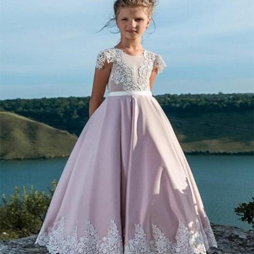 Pink Flower Girls Dresses for Weedding Lace Appliques Short sleeve Party Dresses Floor Length Pageant First Communion Dresses