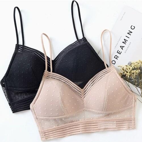 Sexy Women Lingerie Deep U Low Back Lace Bralette Thin Cup Polka Dot Bustier Top Mesh Wireless Seamless Breathable Underwear Bra