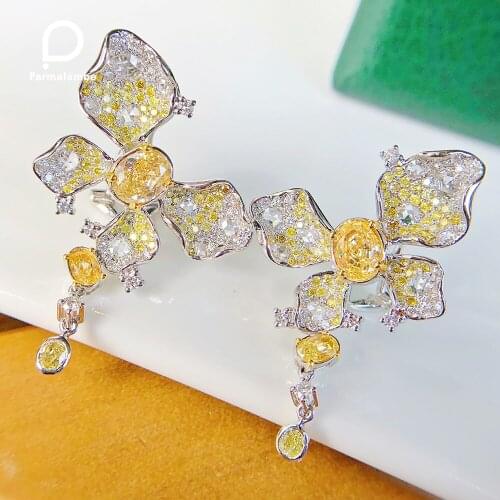Parmalanbe Luxury Cubic Zirconia Butterfly Earrings Womens CZ Yellow Earrings Wedding Jewelry Suitable For Bridal Dinner Party