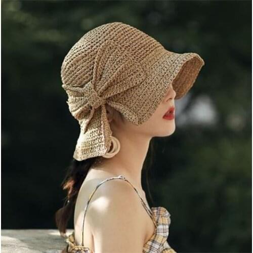 HT043 Bow Sun Hat Wide Brim Floppy Summer Hats For Women Beach Panama Straw Dome Bucket Hat Femme Shade Hat