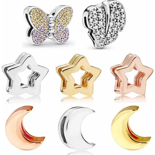 Sparkling Leaf With Crystal Smooth Star Moon Reflexions Clip Charm Fit Europe Bracelet 925 Sterling Silver Bead Diy Jewelry