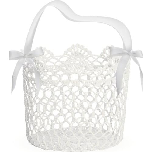 UNOMOR Hand Knitting Wedding Flower Girl Basket Ceremony Party Satin Bowknot Rose Flower Girl Basket (White)