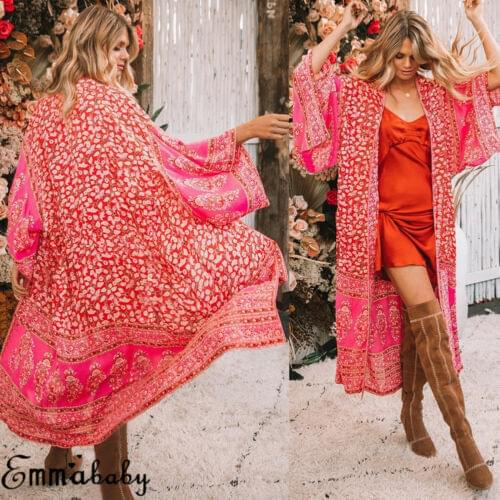 Vintage Women Summer Long Sleeve Cover Ups Ladies Floral Loose Shawl Kimono Cardigan Boho Swimwear Dress