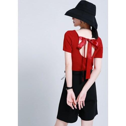 Short Sleeve T Shirt Women Fashion Womens 2020 Backless Lace Up Bow Viscose Fiber Knitted T-shirt Round Neck Slim Top