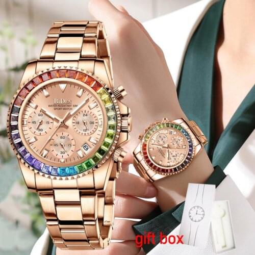 Biden Chronograph Women Watch 2021 Ins Luxury Multi-Functional Rainbow Circle Watch Fashion Stainless Steel Sports Ladies Watch