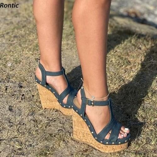 Rontic Handmade Women Gladiator Sandals Denim Sexy Studs Wedges Heels Open Toe Pretty Blue Black Party Shoes US Size 5-20