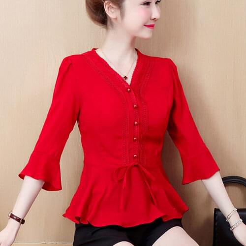 Womens Spring Summer Style Chiffon Blouses Shirt Womens V-neck Solid Color Button Lace Up Korean Tops SP226