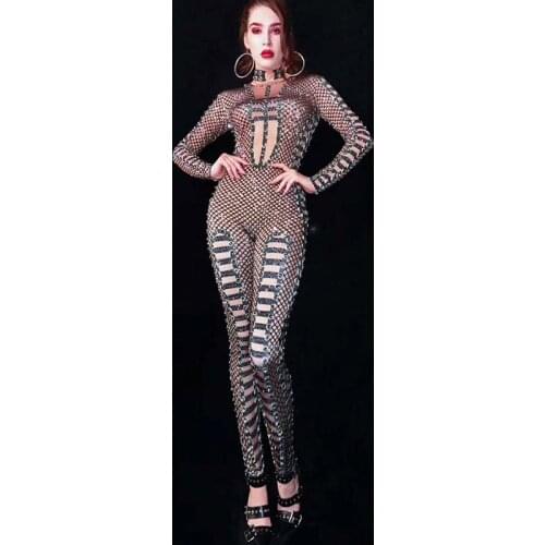 Black Silver Rhinestones Bandage Pattern Jumpsuit Women Singer Bodysuit Stage Outfit Dancer Prom Bar Stage Outfit DWY2932