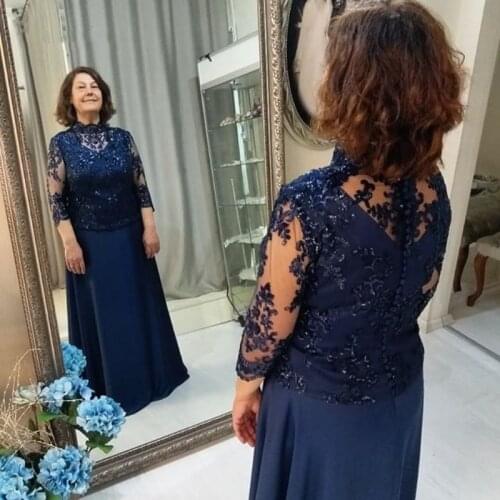Navy Blue Chiffon Groom vestido novia evening party gown Plus Size A-Line Wraps Formal Women 2018 Mother of the Bride Dresses