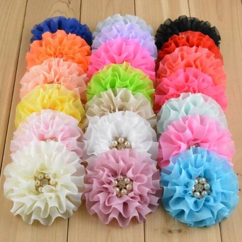 20pcs/lot 3.5 inch Chiffon Silk Flower Rhinestone Center for girl Top Skirt Boutique Hair Flowers DIY Headband Accessories TH86