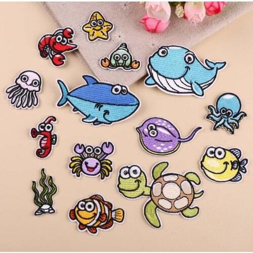 50pcs/lot Underwater World Embroidery Patches Letters Clothing Decoration Accessories Diy Iron Heat Transfer Applique Whale