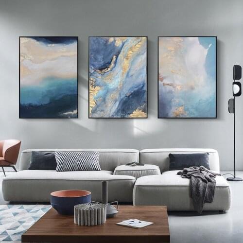 Abstract Golden Foil Poster Blue Ocean Landscape Nordic Wall Art Pictures Print Canvas Painting Modern Living Room Decor