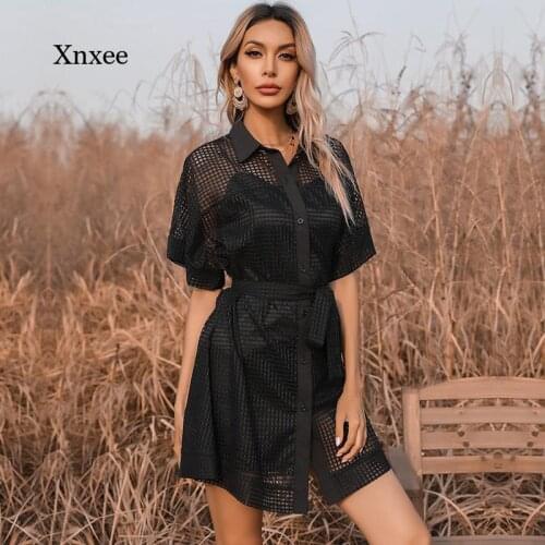 Black Mesh Mini Dress 2 Pieces Set Transparent Loose Shirt Spaghetti Strap Camisole See Through with Sashes Sexy Women Bodycon