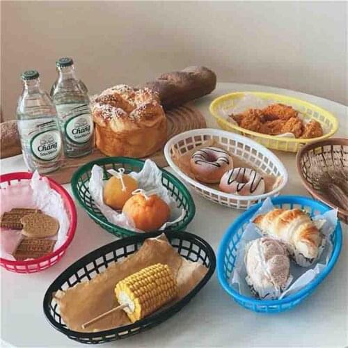 Korean Ins Style Colorful Plastic Tabletop Storage Basket Vegetable And Fruit Basket Snack Plate Hamburger Basket Picnic Basket