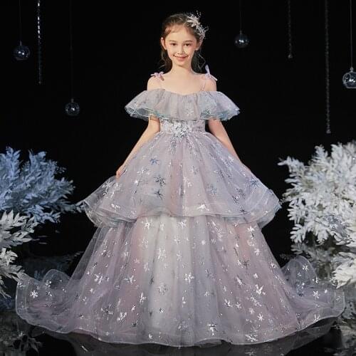 Kids Pageant Evening Gowns Flower Girl Sequins Lace Dress Children Weddings Birthday Party Robe Girls First Communion Dresses