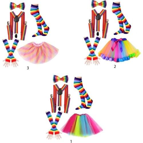 Women 80s Neon Rave Party Outfits Rainbow Stripes Tutu Skirt Cosplay Costume Set