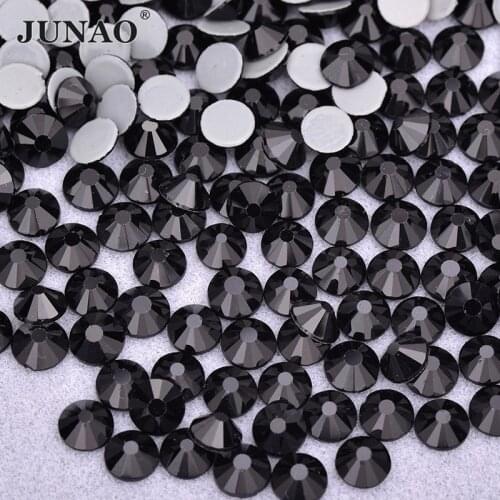 JUNAO SS6 8 10 16 20 30 Black Hotfix Glass Rhinestone Iron On Transfer Strass Applique Hot Fix Crystal Stones Motif For Clothes