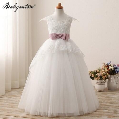 Flower Girls Birthday Party Banquet Lace Stitching Dress for First communion Elegant Girls Wedding Long Wedding Party Gown