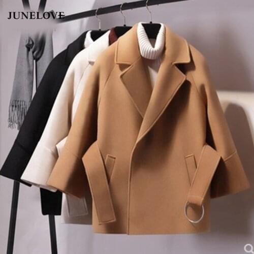 JuneLove Women Coats Casual Short Solid Cloak Outerwear Vintage Turn-down Collar Student Belt Pockets Thick Jackets Casual Coats