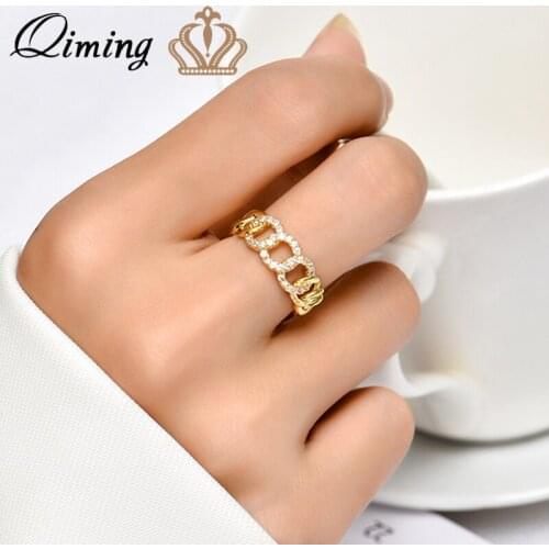 QIMING Trendy Chain Link Geometric Rings For Women Couples Vintage Handmade Twisted Finger Adjustable Jewelry Party Gifts