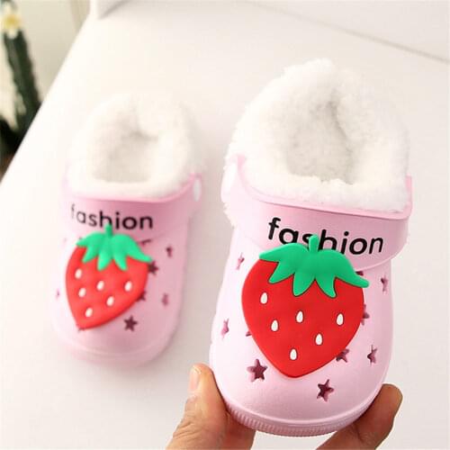 Winter Children Kids Girl Mules Warm Clogs Croc Sandals Strawberry Removable Garden Slippers Baby Toddler Shoes For Girls Boys