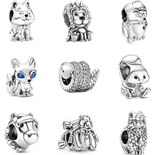 New 925 Sterling Silver Beads Animal Lion Snake Llama Fox Dog Charm Fit Pandora Bangle Bracelet DIY Women Jewelry Dropship