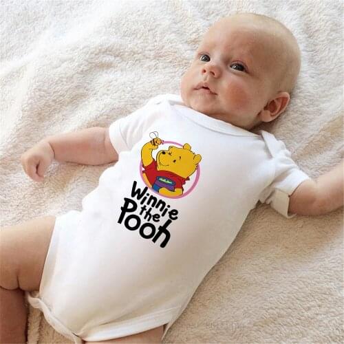 Baby Clothes Summer White Newborn Jumpsuit Winnie The Pooh Disney Cute Cartoon Bodysuit Baby Boys Girls Short Sleeve Rompers