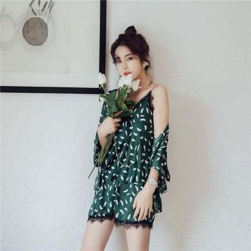 Sexy Sleep Lounge Pajamas Women Sleepwear With Chest Pad Nightwear Pyjama Femme Lace Ladies Indoor Clothing 3 Piece Pijamas Suit