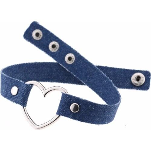Simple Hippie Wide Navy Blue Denim Jeans Fabric Strip Hollow Silvery Heart Love Charm Adjustable Choker Necklaces For Women