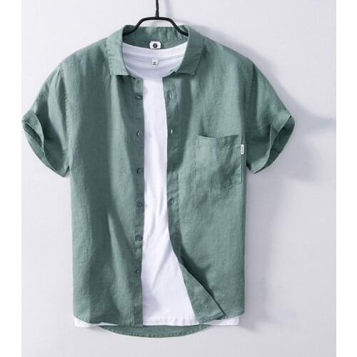 Short Sleeved Shirt for Men Summer New 100% Pure Linen Tops Male Casual Turn-down Collar Clothing Solid Color Pocket Decoration