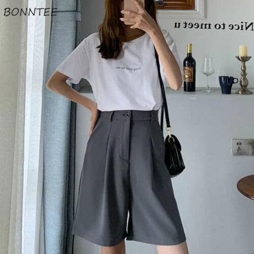 Shorts Womens Summer Knee Length Button Draped High Waist Solid Pure Wide Leg Office Lady Chic Casual Fashion Minimalist 2020