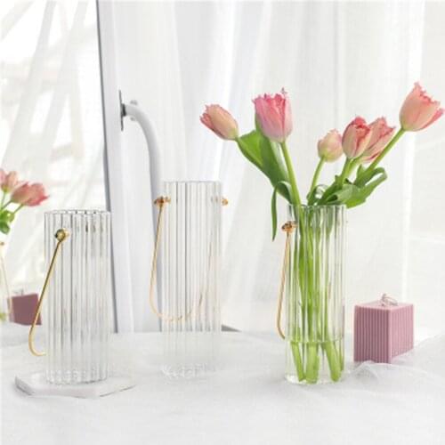 Nordic Striped Glass Vase Gold Portable Flower Bottle Transparent Flower Vases Tabletop Glass Plant Pot Decor for Home Office