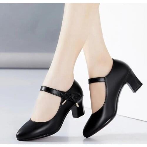 Women Fashion Round Toe Black Pu Leather Buckle Strap Square Heel Pumps Lady Casual Comfort Office Stylish Heel Shoes E6661e