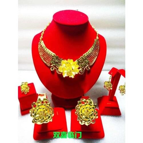 Yulaili Chinese Design Womens Gold-color Double Happiness Big Flower Necklace Bracelet Earrings Ring Dubai Jewelry Sets